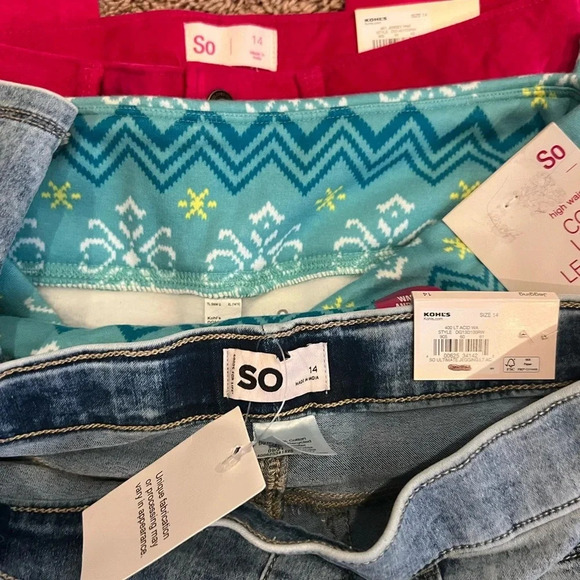NWT new Set of 3 SO leggings jeggings girls 14 pink green blue denim - Picture 6 of 17